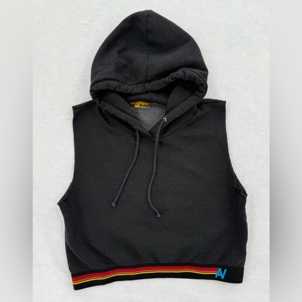 Aviator Nation Stripe Sleeveless‎ Crop Pullover Hoodie 
Black/Charcoal Medium
